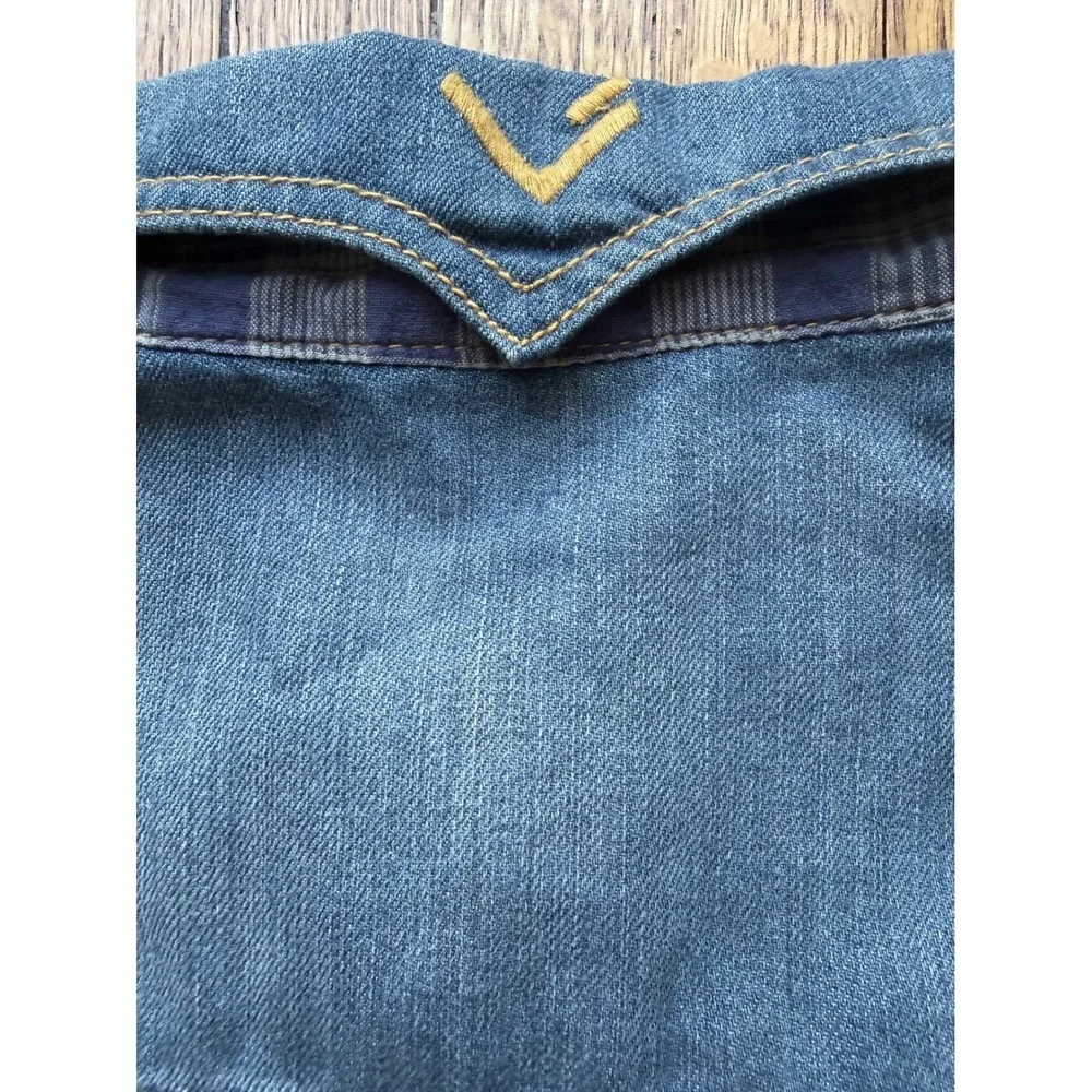 Fender Denim Jacket Mens Medium Wash Blue Plaid Lined Trucker Jacket Embroidered